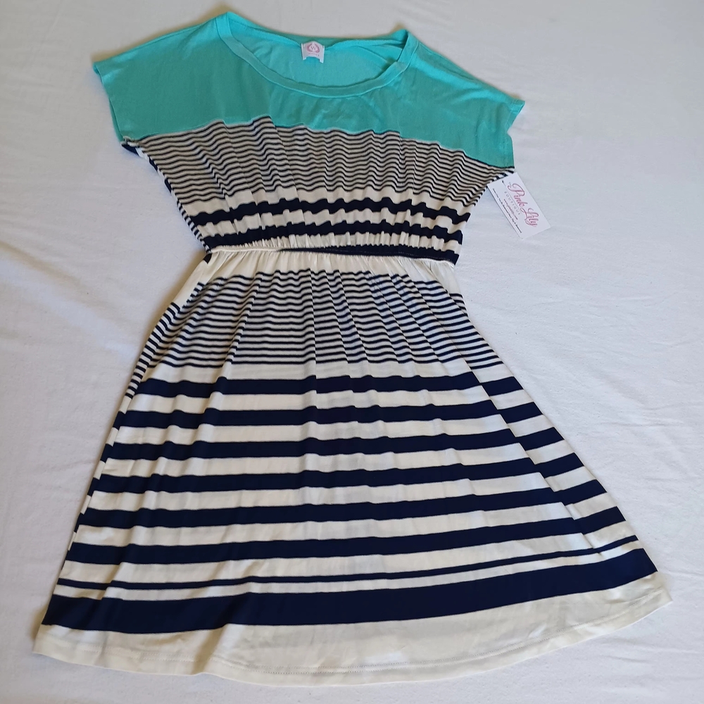 Wanna B NEW Sz Sm Striped Teal With Cream And Black Stripes Midi Dress